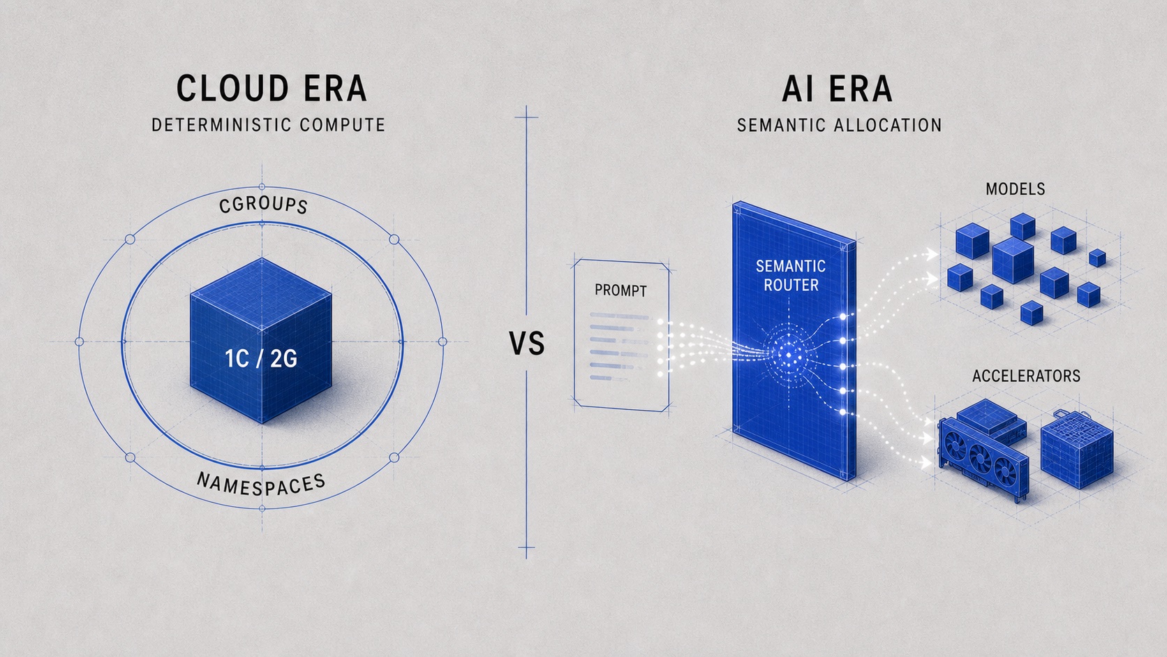 Diagram comparing cloud-era deterministic compute allocation with AI-era semantic allocation through prompts and semantic routing.