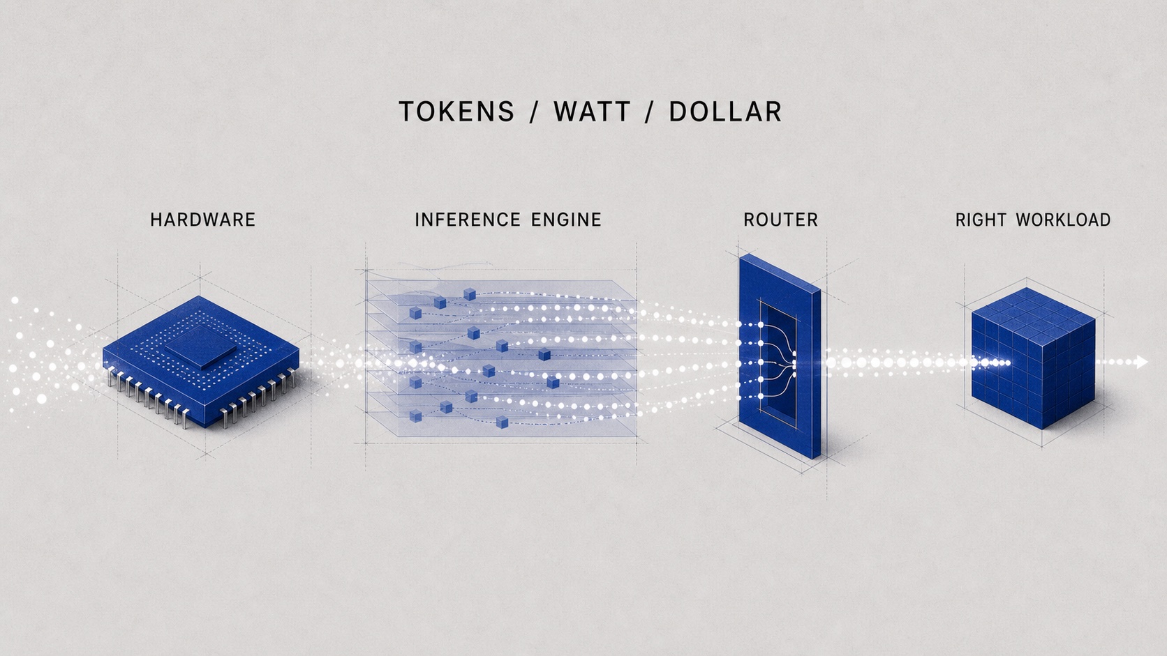 Diagram showing hardware, inference engine, router, and right workload as a tokens per watt per dollar efficiency stack.